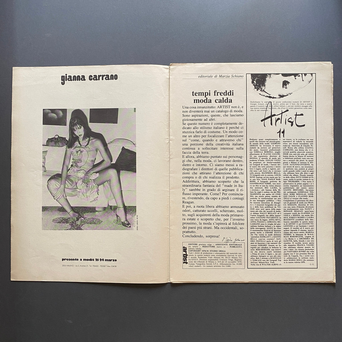 Graziano Origa Magazine, ARTIST, n.11 1981, Giorgio Armani Copertina