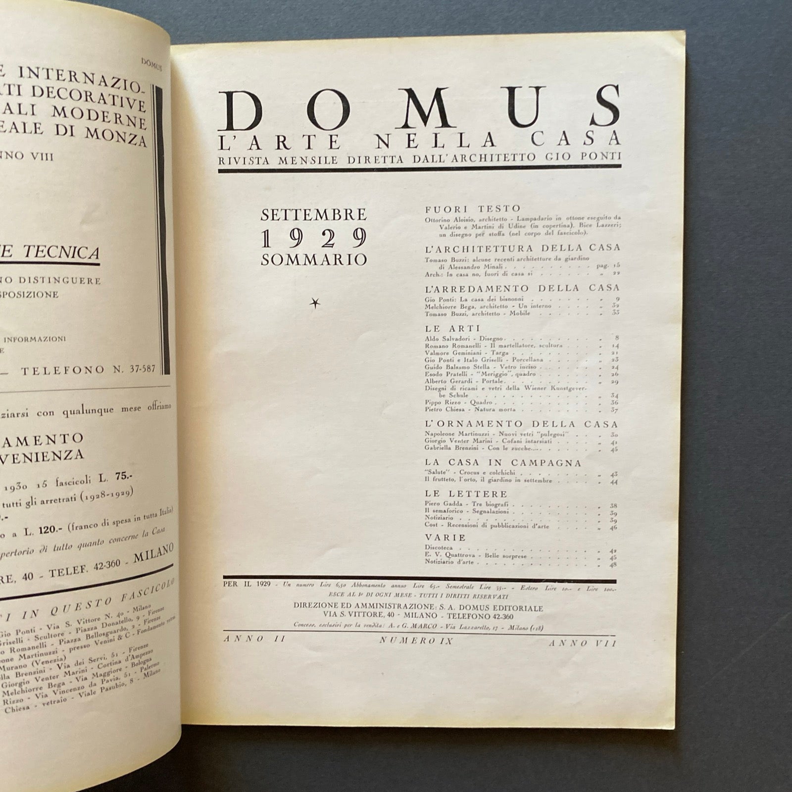 DOMUS. Rivista Mensile diretta da Gio Ponti. 1929, Anno II n. 9