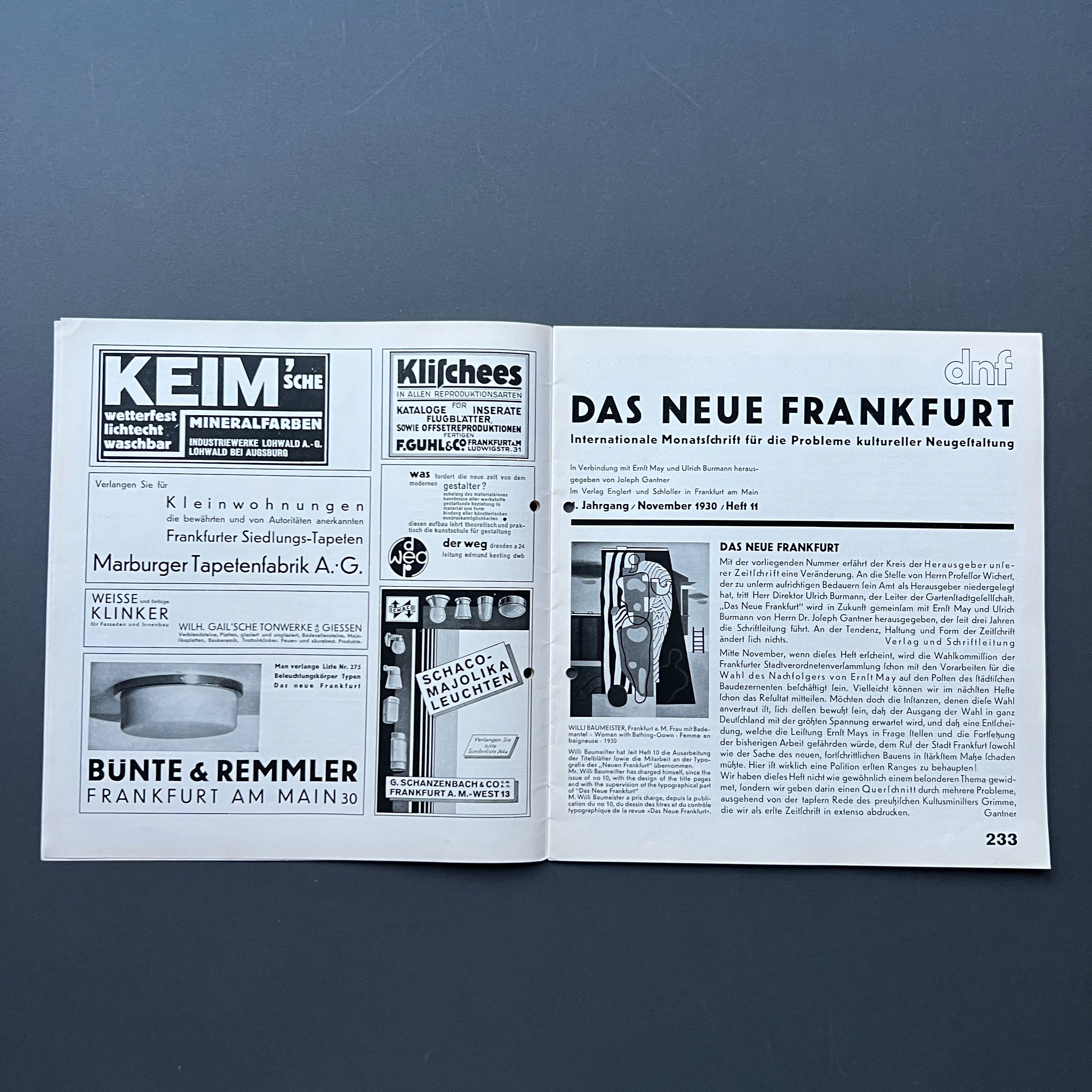 Das Neue Frankfurt n. 11 IV Jahrg. November 1930. Monatsschrift für die probleme moderner gestaltung