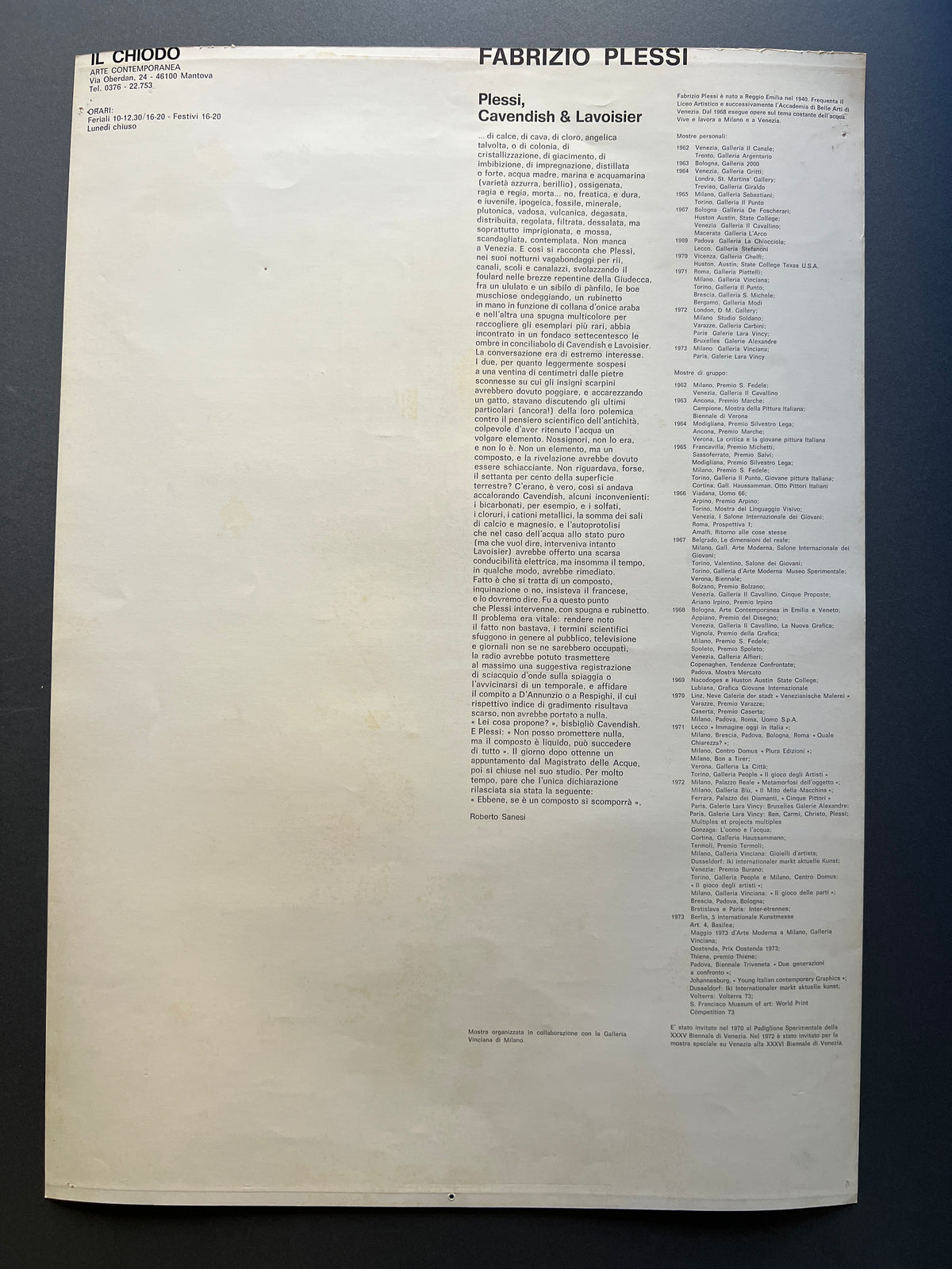 Fabrizio Plessi, Il Chiodo Arte Contemporanea Mantova 1973 - Poster Originale